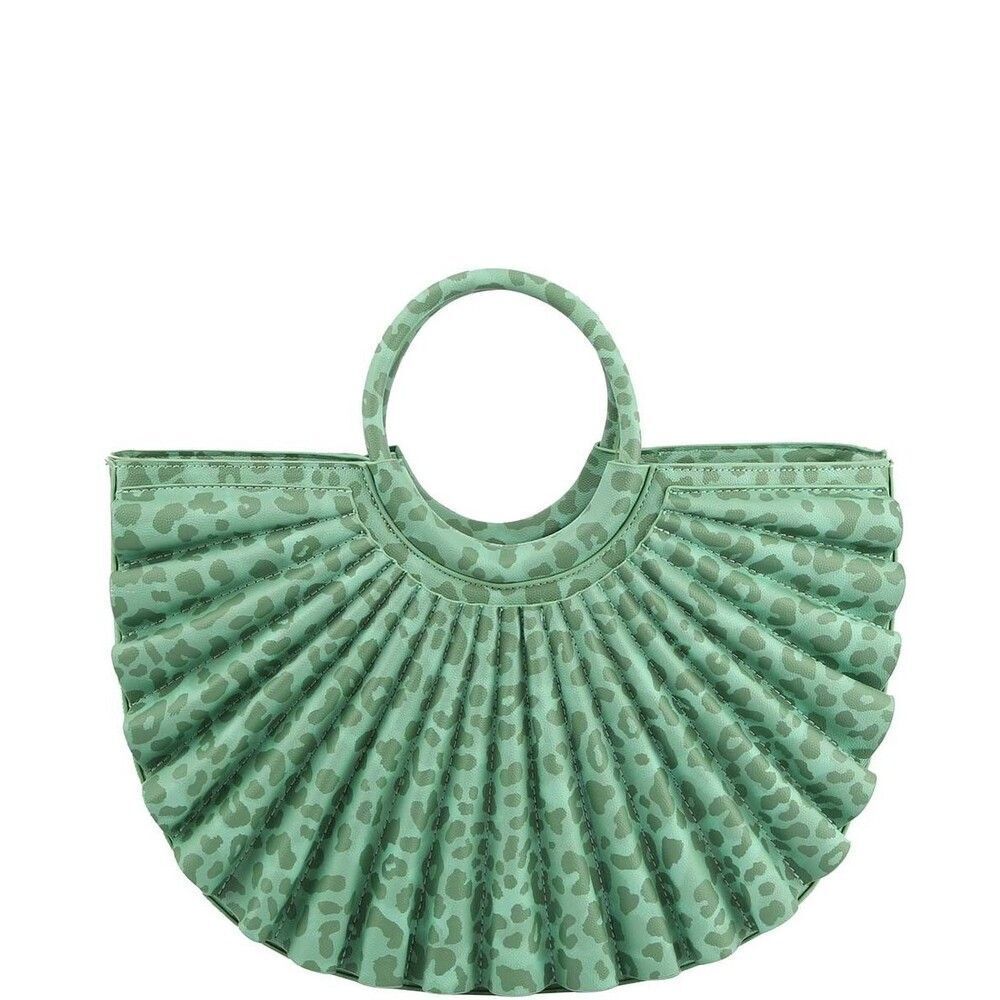 Women Green Leopard Printed Pleated Half Moon Satchel Handbag